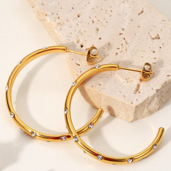 Jewelry - 18k Gold Stainless Steel Anti-Tarnish Luxury Hoop Earrings w/ CZ Crystal Inlay